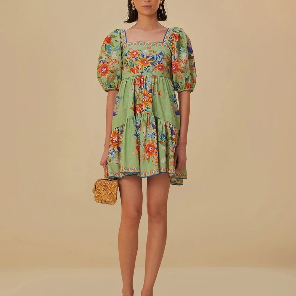 FARM Rio Green Mini Sundress with Ruffled Puff Sleeves and Square Neck